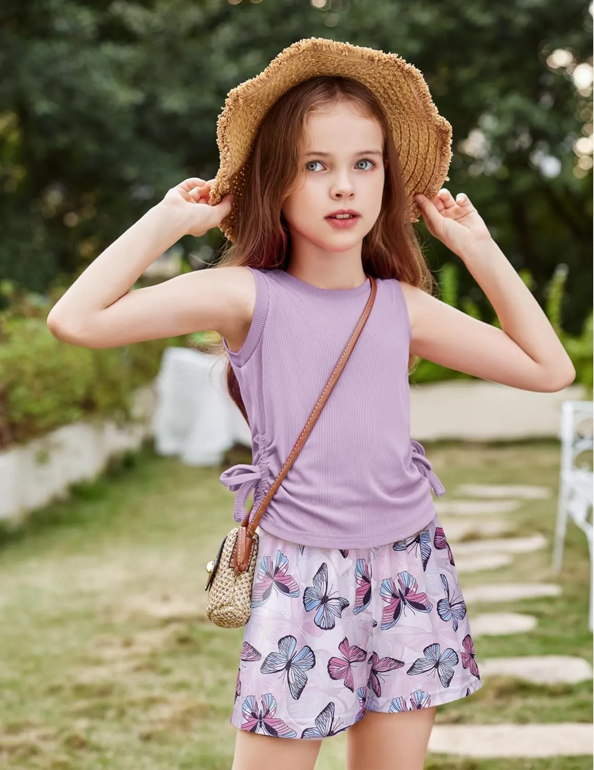 Arshiner Girls Sets 2 Piece Outfits Knit Ruched Knot Side Tank Top and Shorts