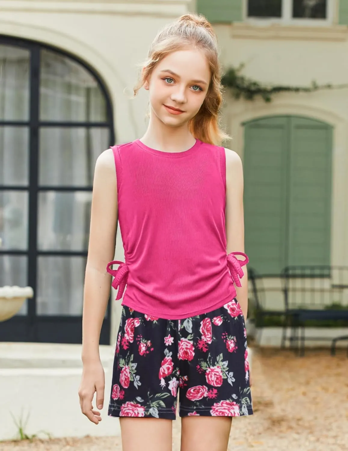 Arshiner Girls Sets 2 Piece Outfits Knit Ruched Knot Side Tank Top and Shorts