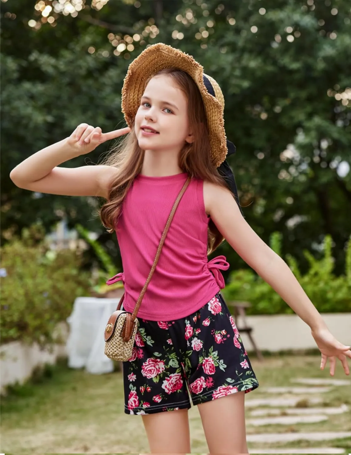 Arshiner Girls Sets 2 Piece Outfits Knit Ruched Knot Side Tank Top and Shorts