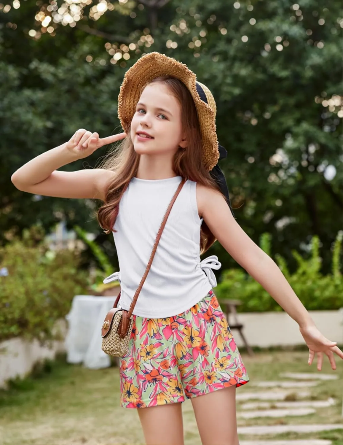 Arshiner Girls Sets 2 Piece Outfits Knit Ruched Knot Side Tank Top and Shorts