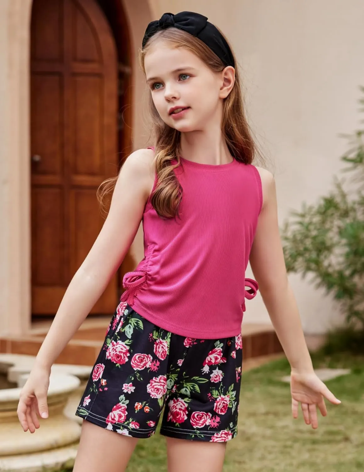 Arshiner Girls Sets 2 Piece Outfits Knit Ruched Knot Side Tank Top and Shorts