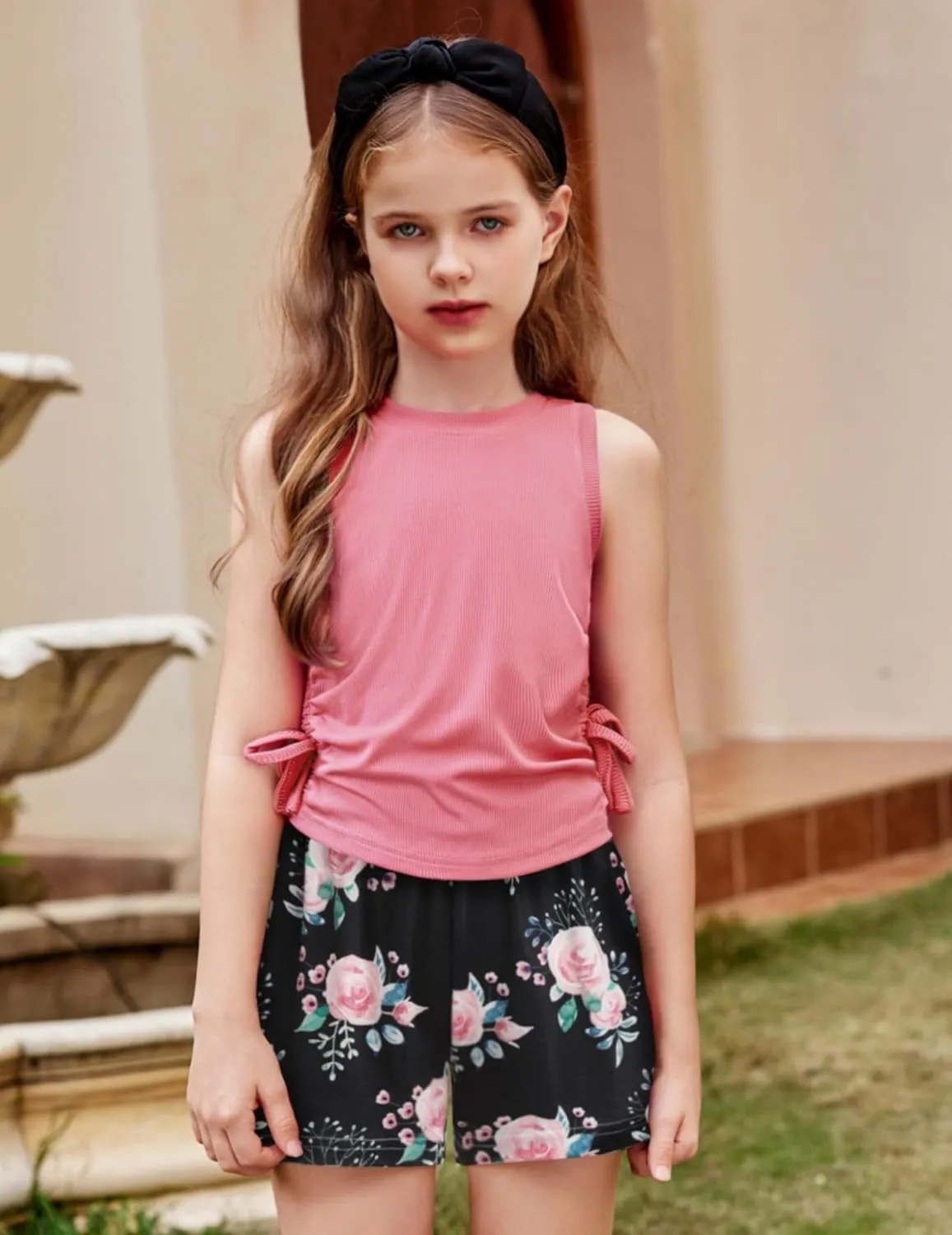 Arshiner Girls Sets 2 Piece Outfits Knit Ruched Knot Side Tank Top and Shorts