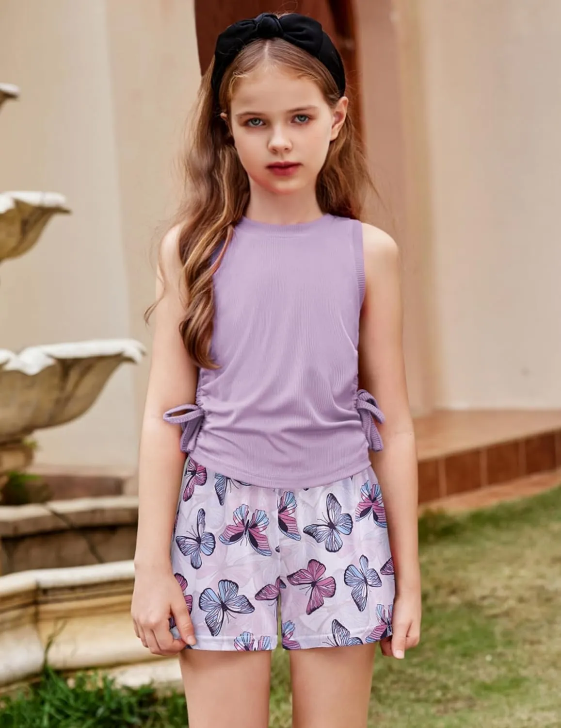 Arshiner Girls Sets 2 Piece Outfits Knit Ruched Knot Side Tank Top and Shorts