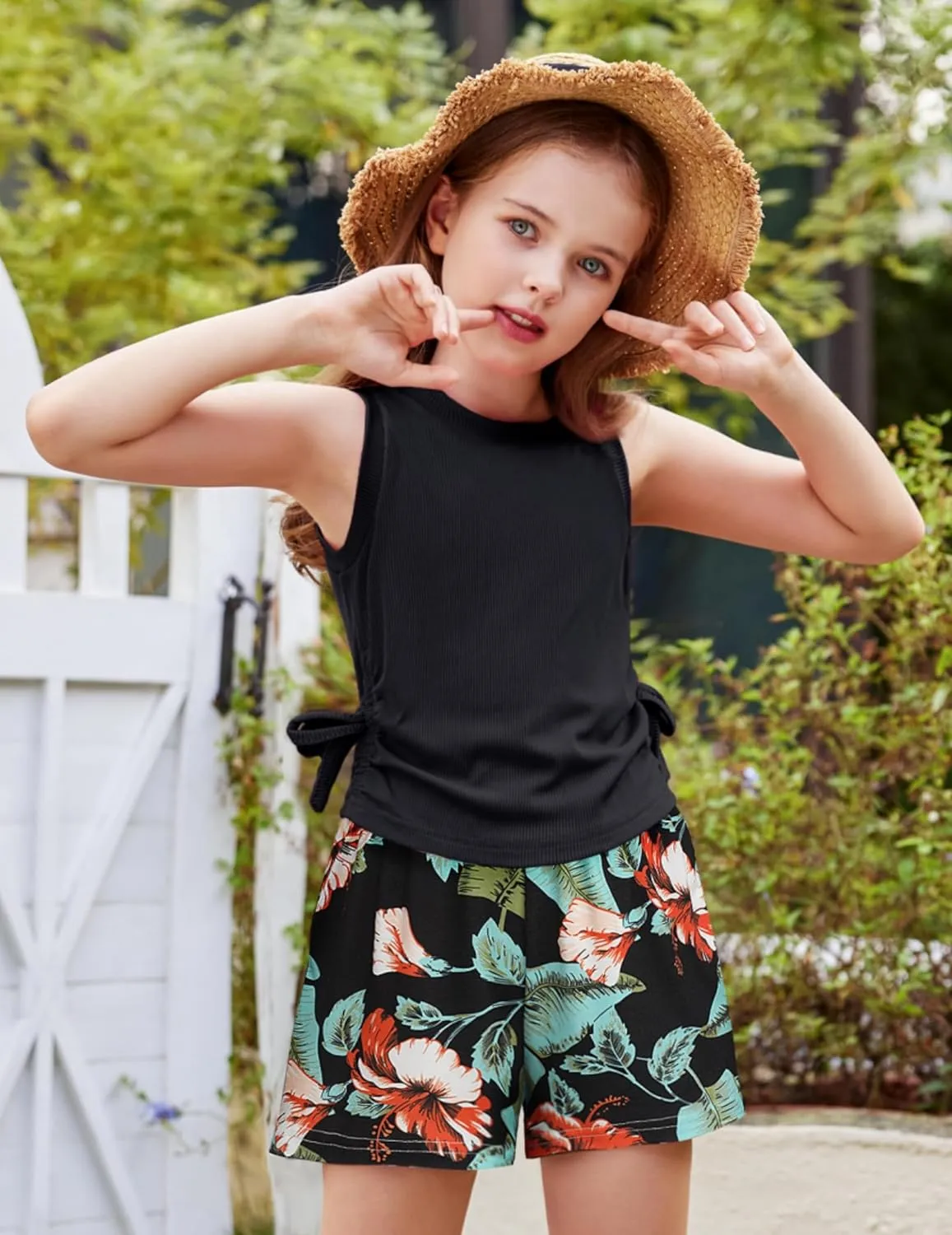 Arshiner Girls Sets 2 Piece Outfits Knit Ruched Knot Side Tank Top and Shorts