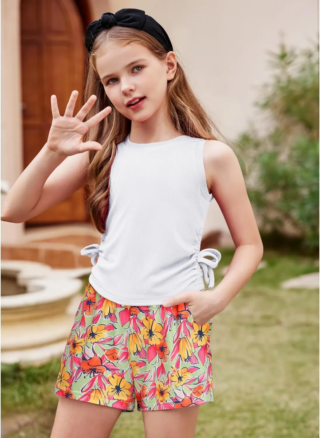 Arshiner Girls Sets 2 Piece Outfits Knit Ruched Knot Side Tank Top and Shorts