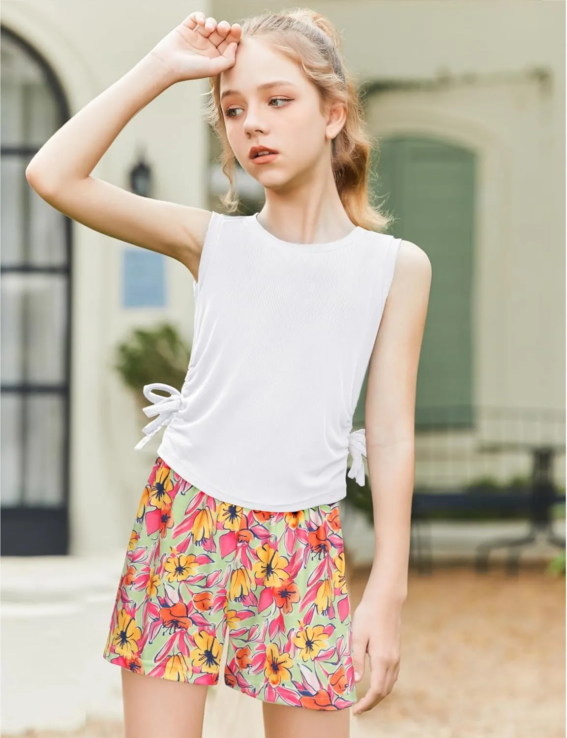 Arshiner Girls Sets 2 Piece Outfits Knit Ruched Knot Side Tank Top and Shorts