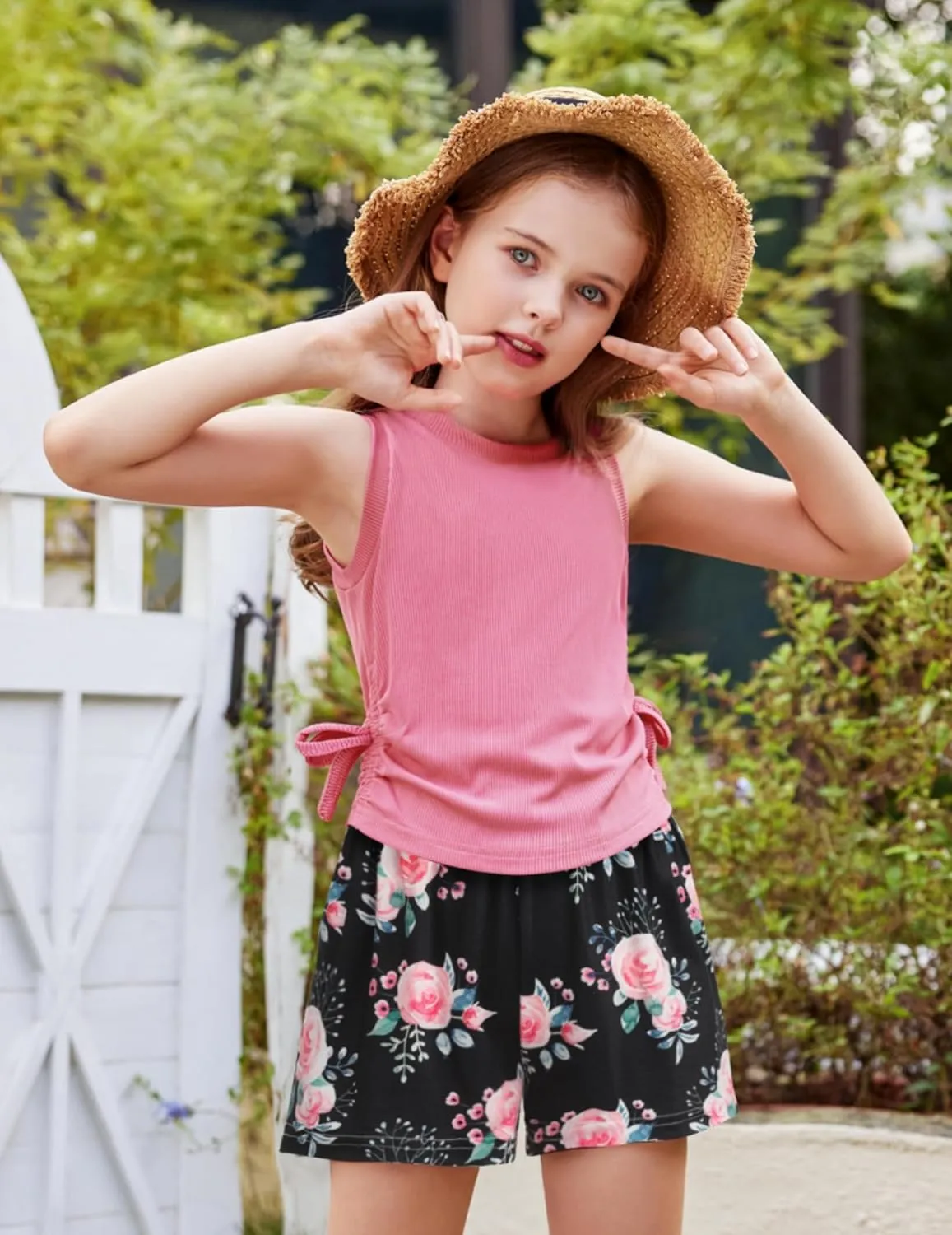 Arshiner Girls Sets 2 Piece Outfits Knit Ruched Knot Side Tank Top and Shorts