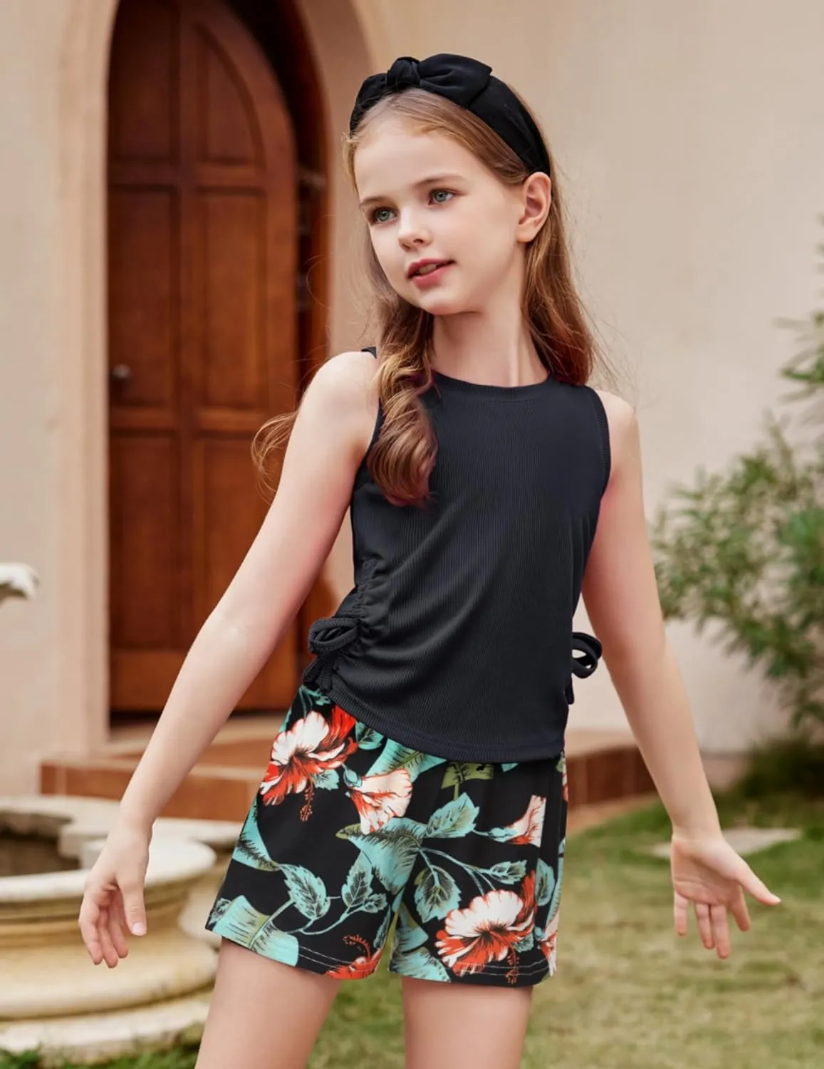 Arshiner Girls Sets 2 Piece Outfits Knit Ruched Knot Side Tank Top and Shorts