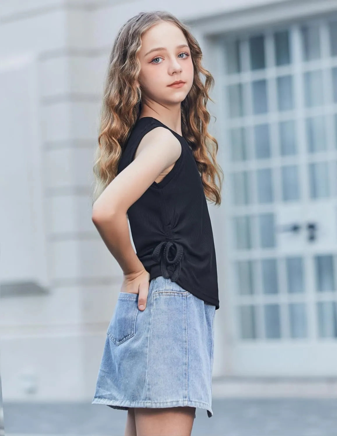 Arshiner Girls Sets 2 Piece Outfits Knit Ruched Knot Side Tank Top and Shorts