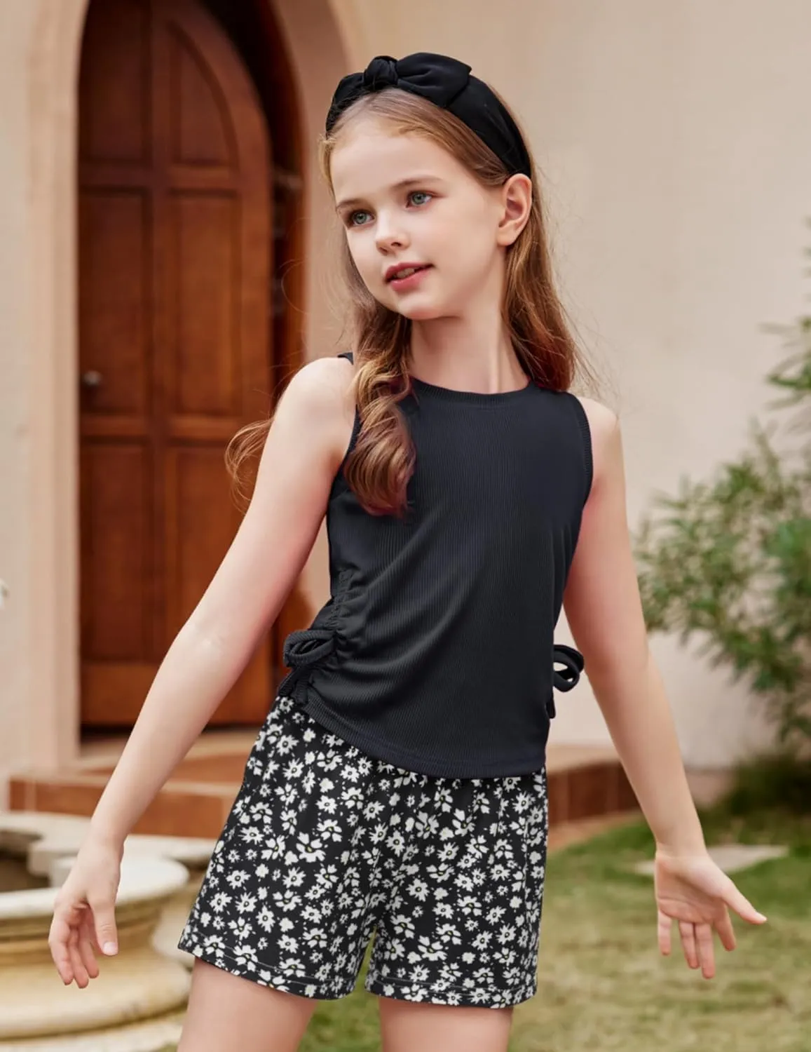 Arshiner Girls Sets 2 Piece Outfits Knit Ruched Knot Side Tank Top and Shorts