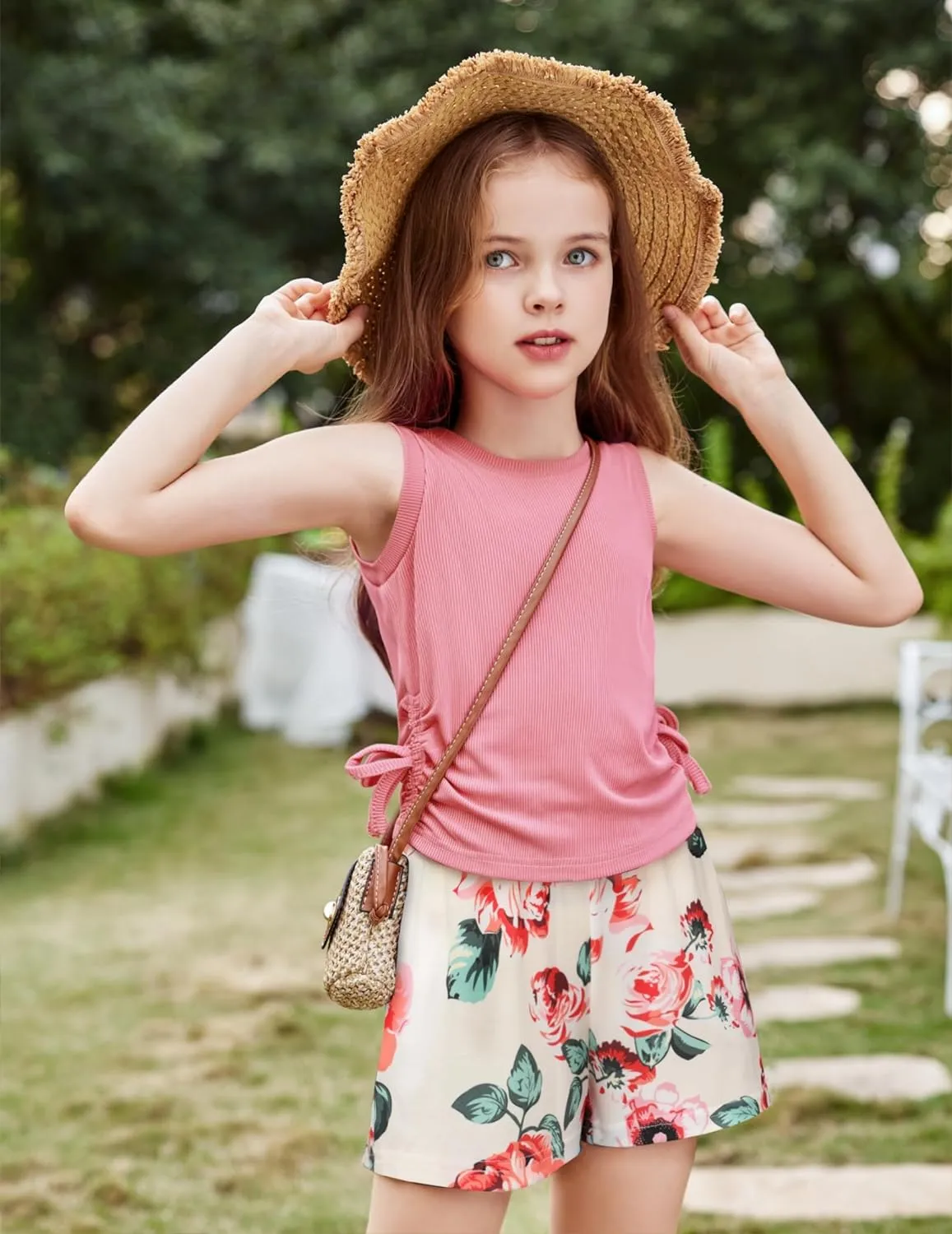 Arshiner Girls Sets 2 Piece Outfits Knit Ruched Knot Side Tank Top and Shorts