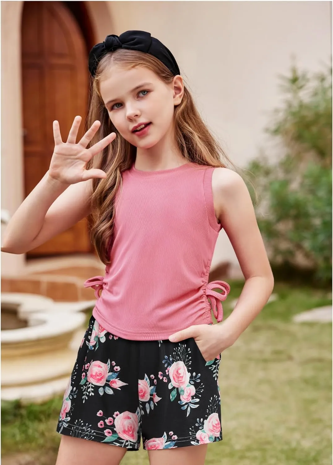 Arshiner Girls Sets 2 Piece Outfits Knit Ruched Knot Side Tank Top and Shorts