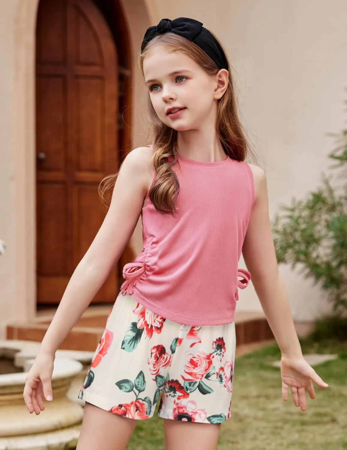 Arshiner Girls Sets 2 Piece Outfits Knit Ruched Knot Side Tank Top and Shorts