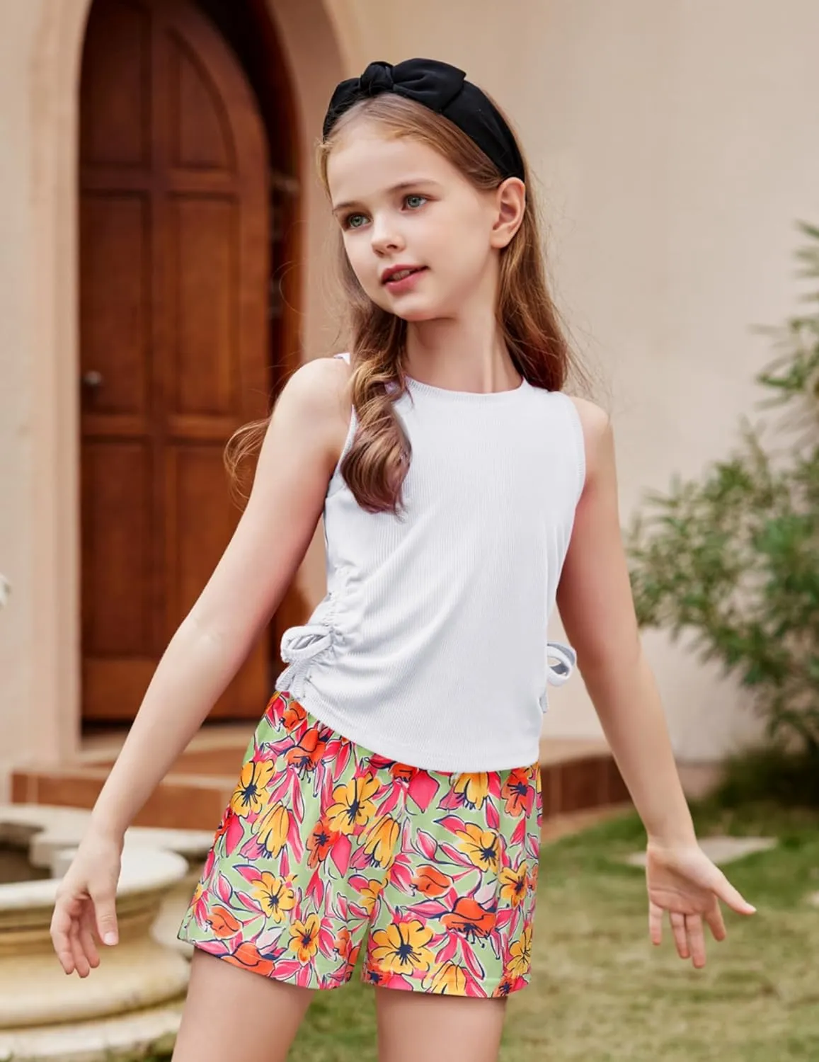 Arshiner Girls Sets 2 Piece Outfits Knit Ruched Knot Side Tank Top and Shorts