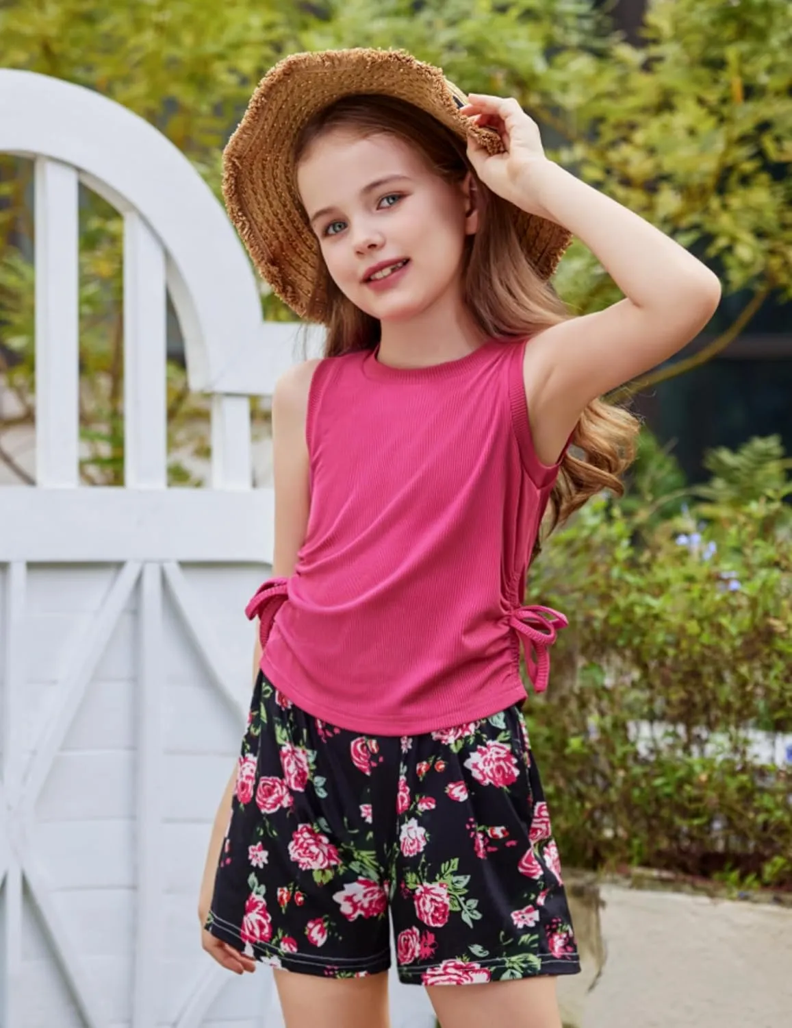 Arshiner Girls Sets 2 Piece Outfits Knit Ruched Knot Side Tank Top and Shorts