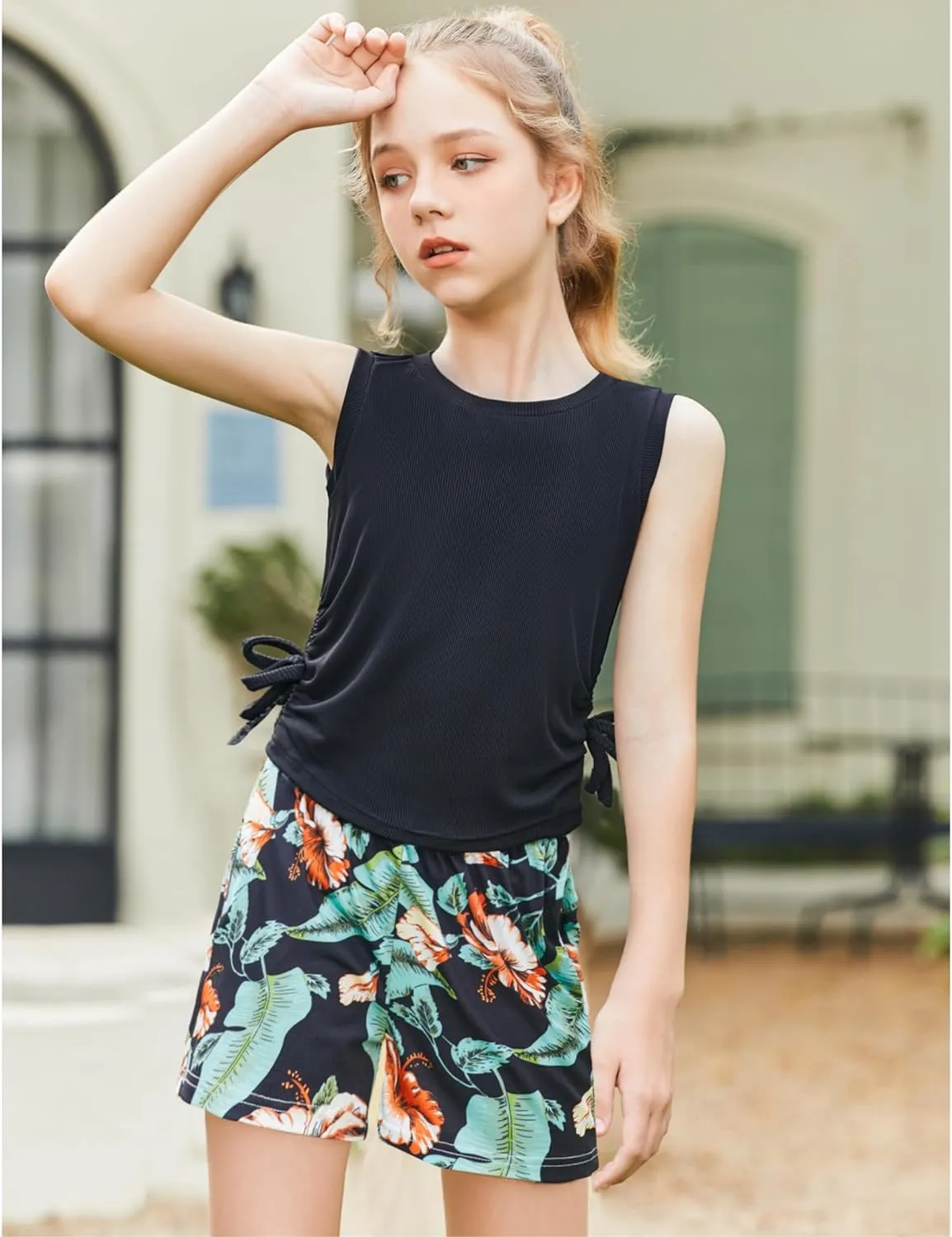 Arshiner Girls Sets 2 Piece Outfits Knit Ruched Knot Side Tank Top and Shorts