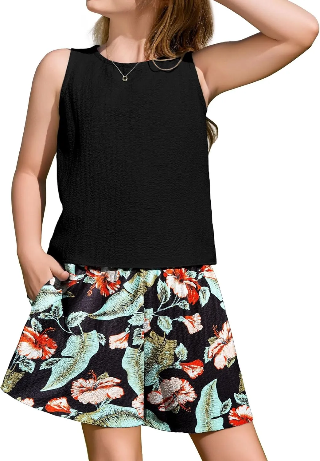 Arshiner Girls Summer 2 Piece Outfit Sleeveless Top and Shorts Set