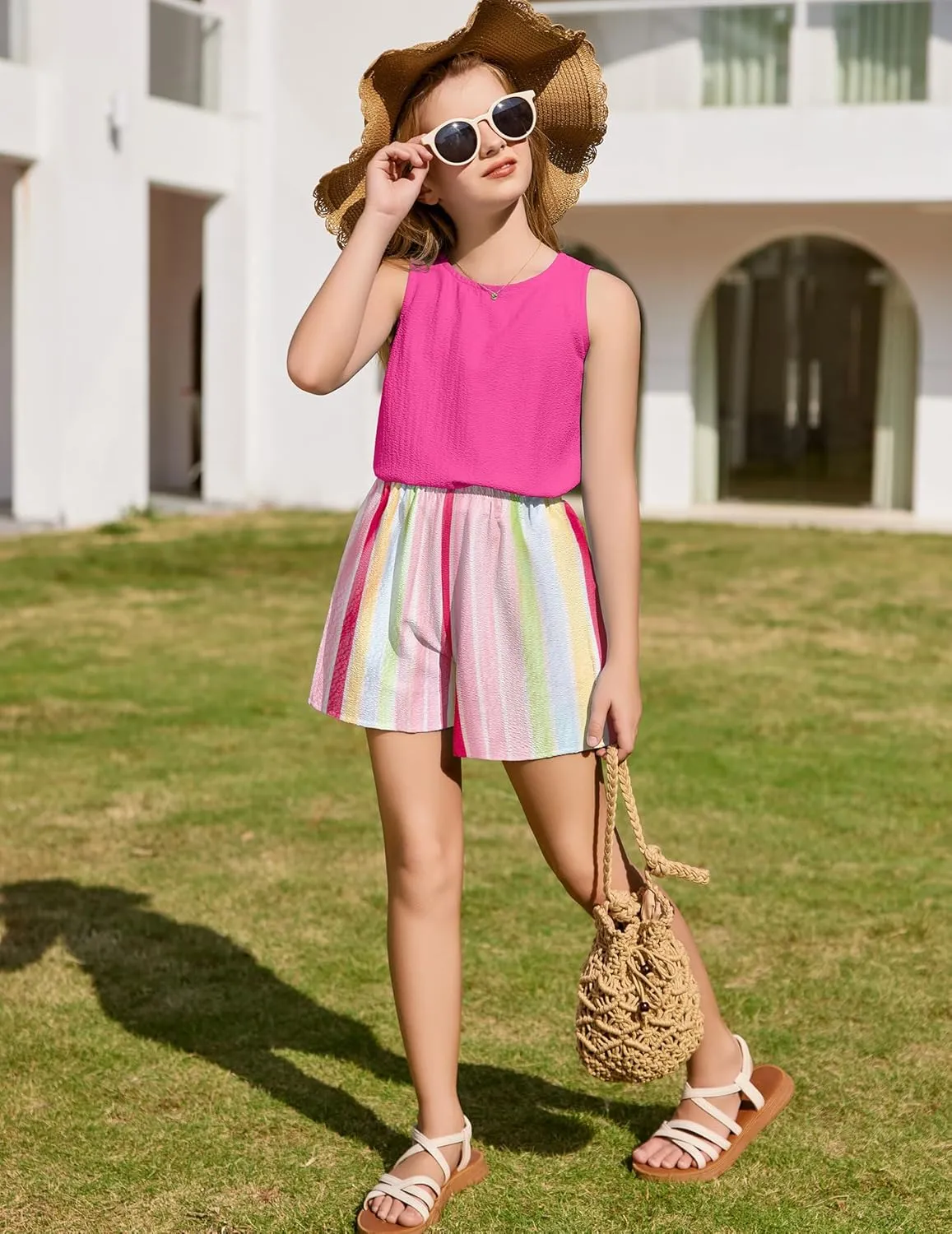 Arshiner Girls Summer 2 Piece Outfit Sleeveless Top and Shorts Set