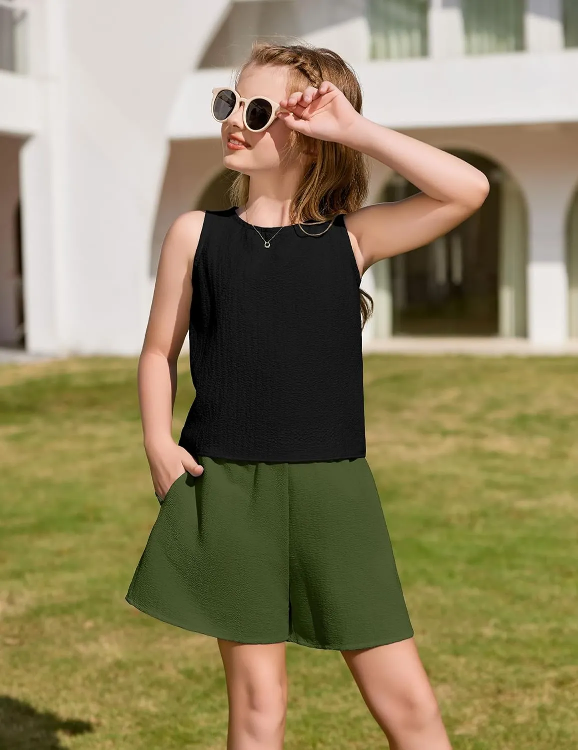 Arshiner Girls Summer 2 Piece Outfit Sleeveless Top and Shorts Set