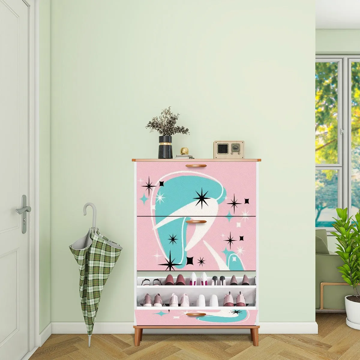 Atomic Starbursts And Boomerangs, Pink Aqua, White Mid Century Modern Shoe Cabinet