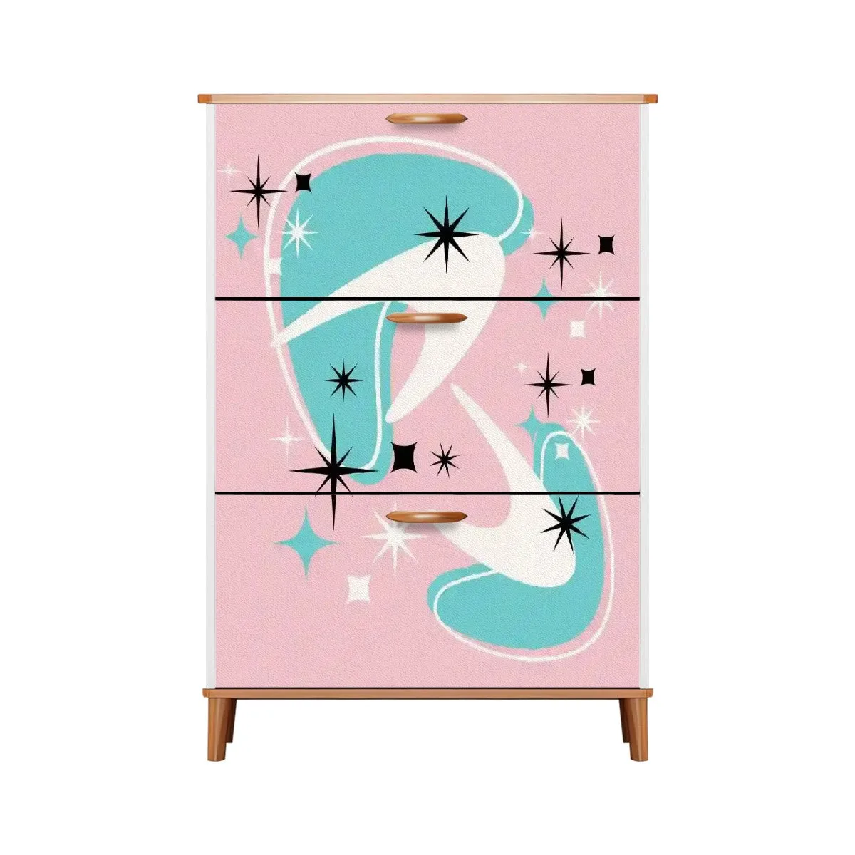 Atomic Starbursts And Boomerangs, Pink Aqua, White Mid Century Modern Shoe Cabinet