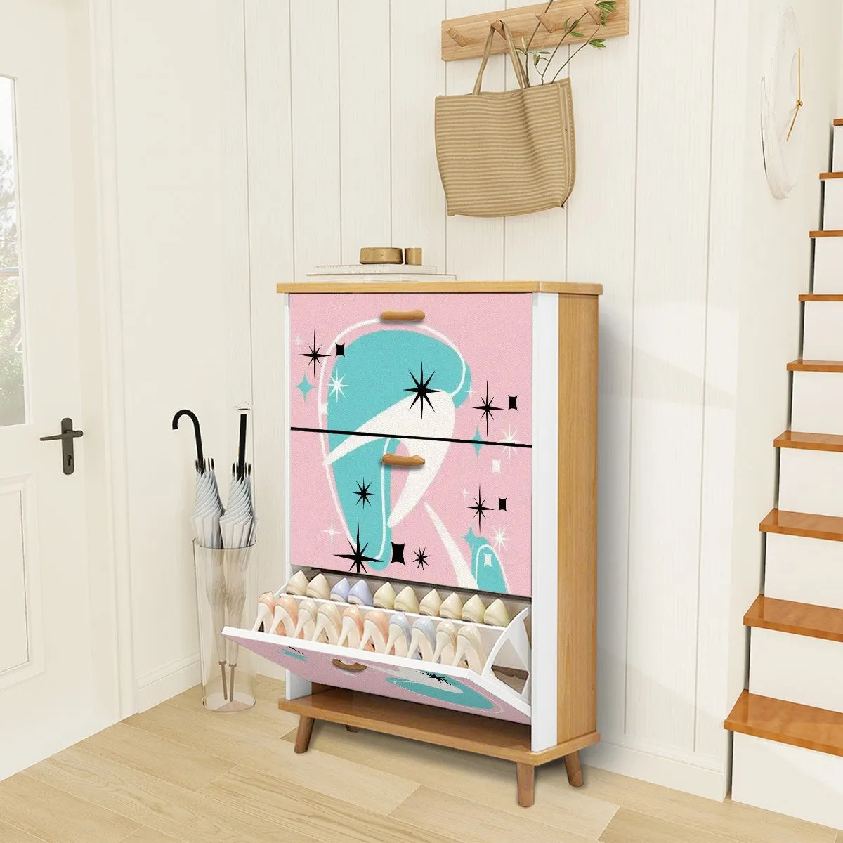 Atomic Starbursts And Boomerangs, Pink Aqua, White Mid Century Modern Shoe Cabinet