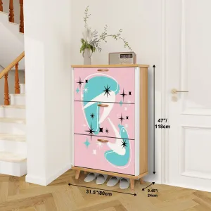 Atomic Starbursts And Boomerangs, Pink Aqua, White Mid Century Modern Shoe Cabinet