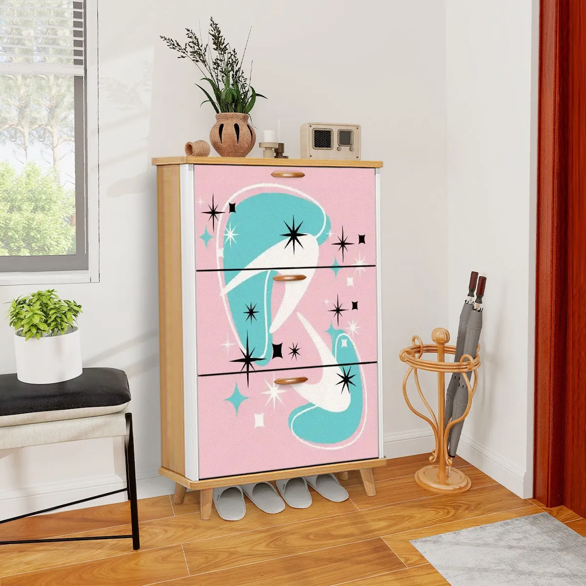 Atomic Starbursts And Boomerangs, Pink Aqua, White Mid Century Modern Shoe Cabinet