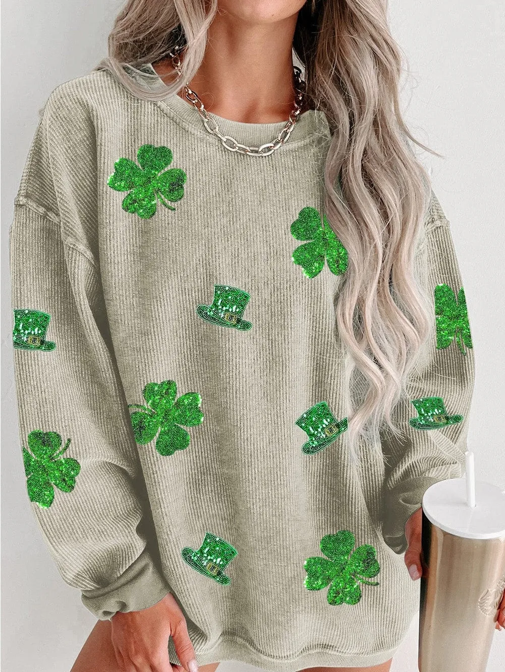 Attention-Grabbing Corduroy Sweatshirt with Green Sequin Details