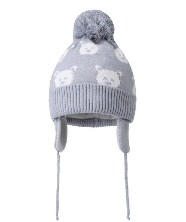 Baby Boy Light Gray Tied Beanie with Bear Print ~ 0-24 months | 46/444