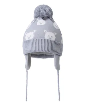 Baby Boy Light Gray Tied Beanie with Bear Print ~ 0-24 months | 46/444