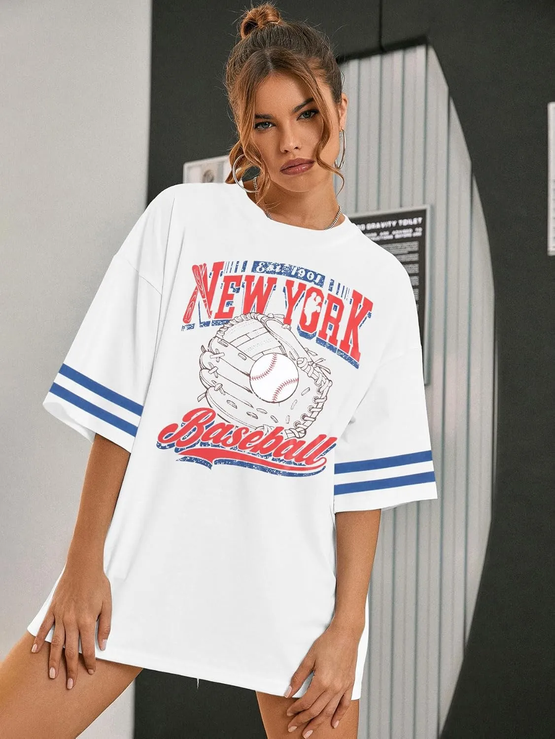 Baseball Shirts New York Baseball Shirt Women Oversized Baseball Mom Shirt Oversized Short Sleeve Tops