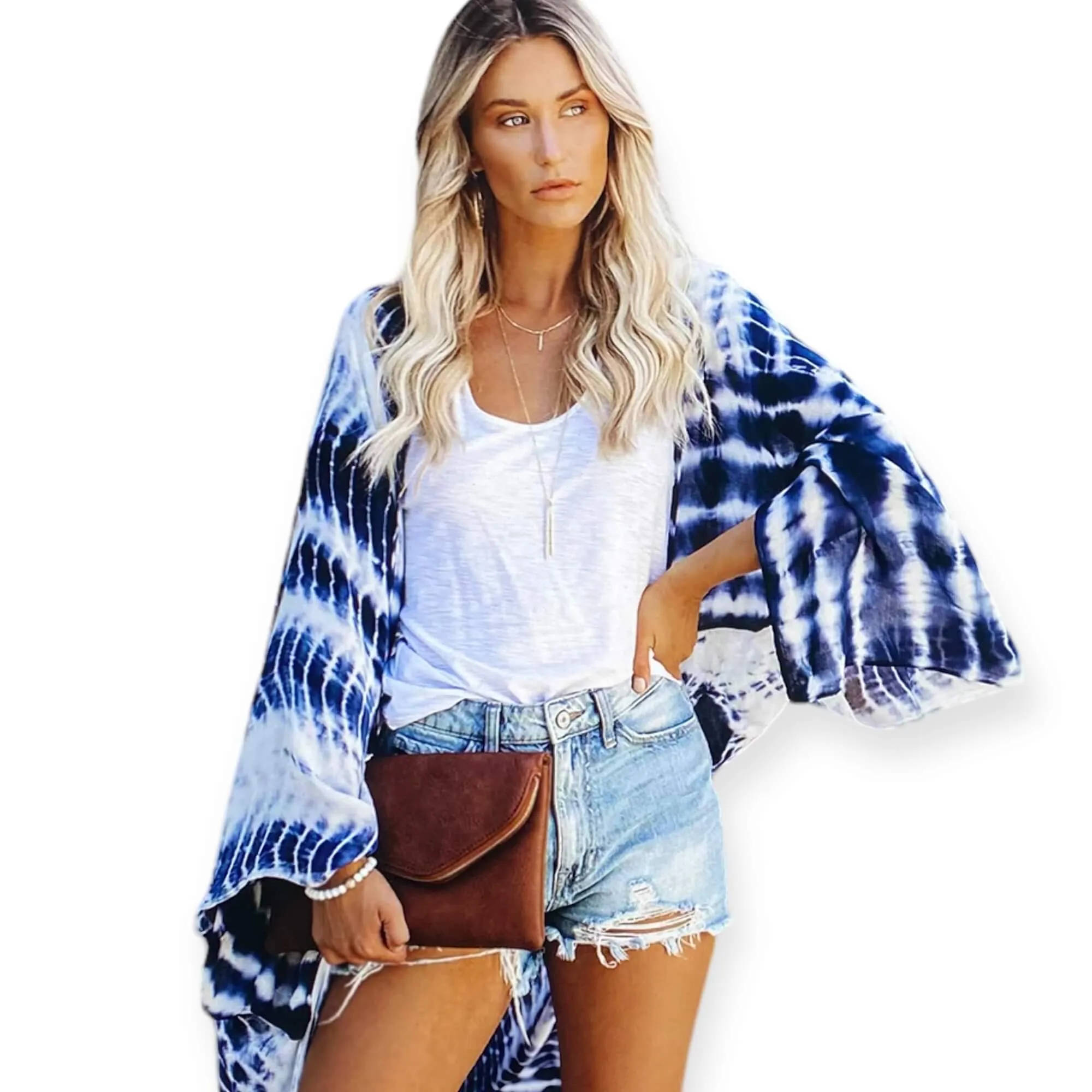 Beach Blue Tie Dye Long Kimono Robe