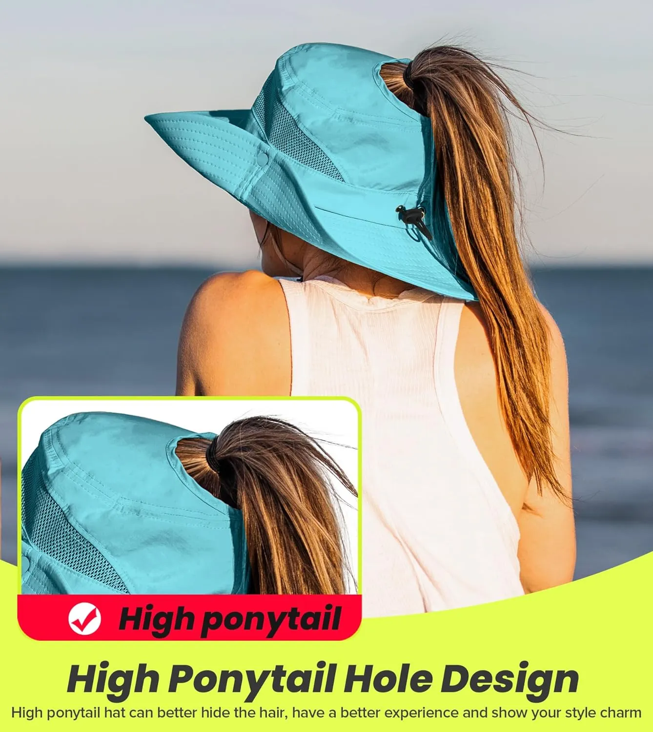 Beach Sun Hats for Women UV Protection High Ponytail Hole UPF 50  Fishing Safari Garden Hiking Hat Packable