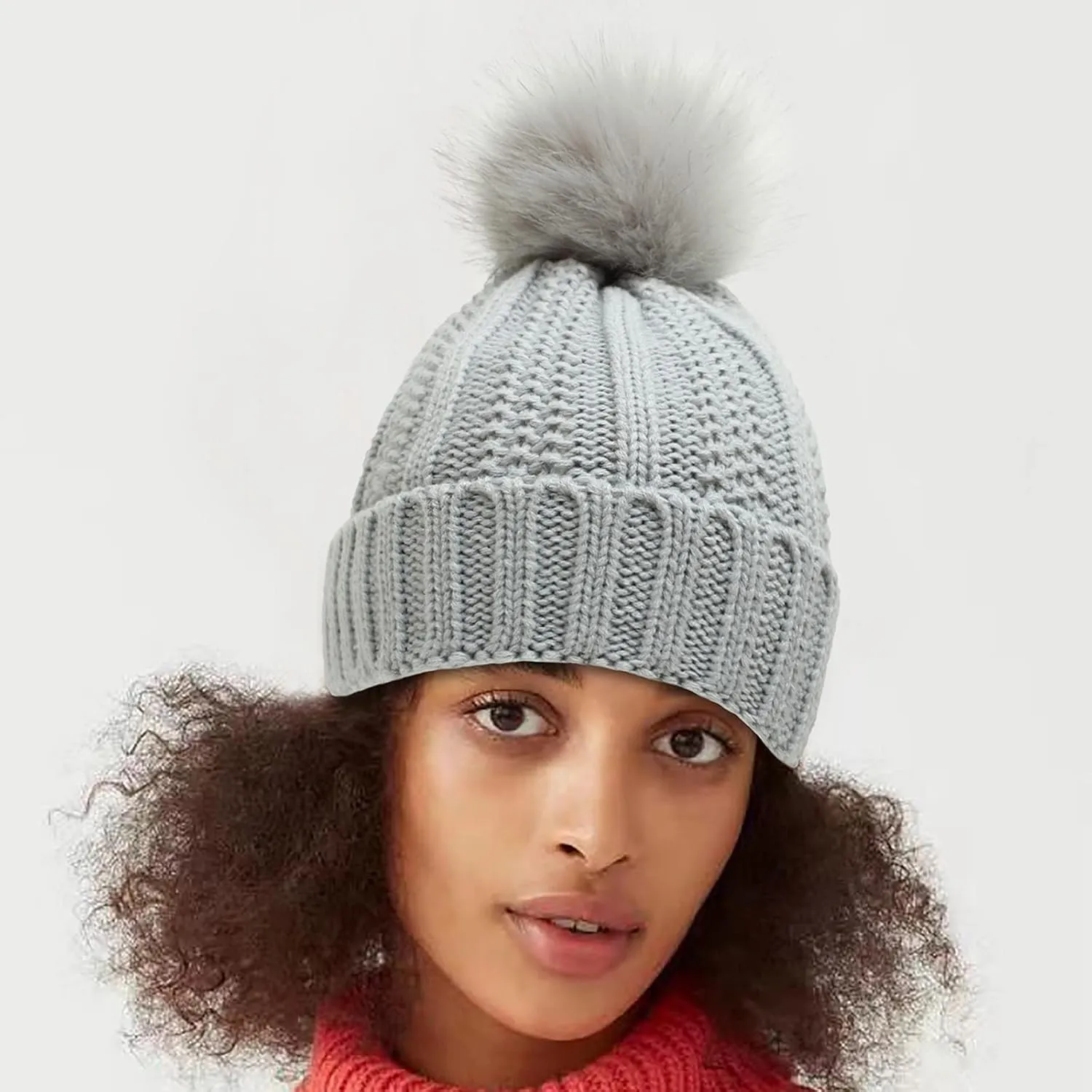 Beanie for Women Men Soft Beanie Hat with Faux Fur Pom Winter Knit Beanies Hats Thick Knitted Ski Cap Warm Hat