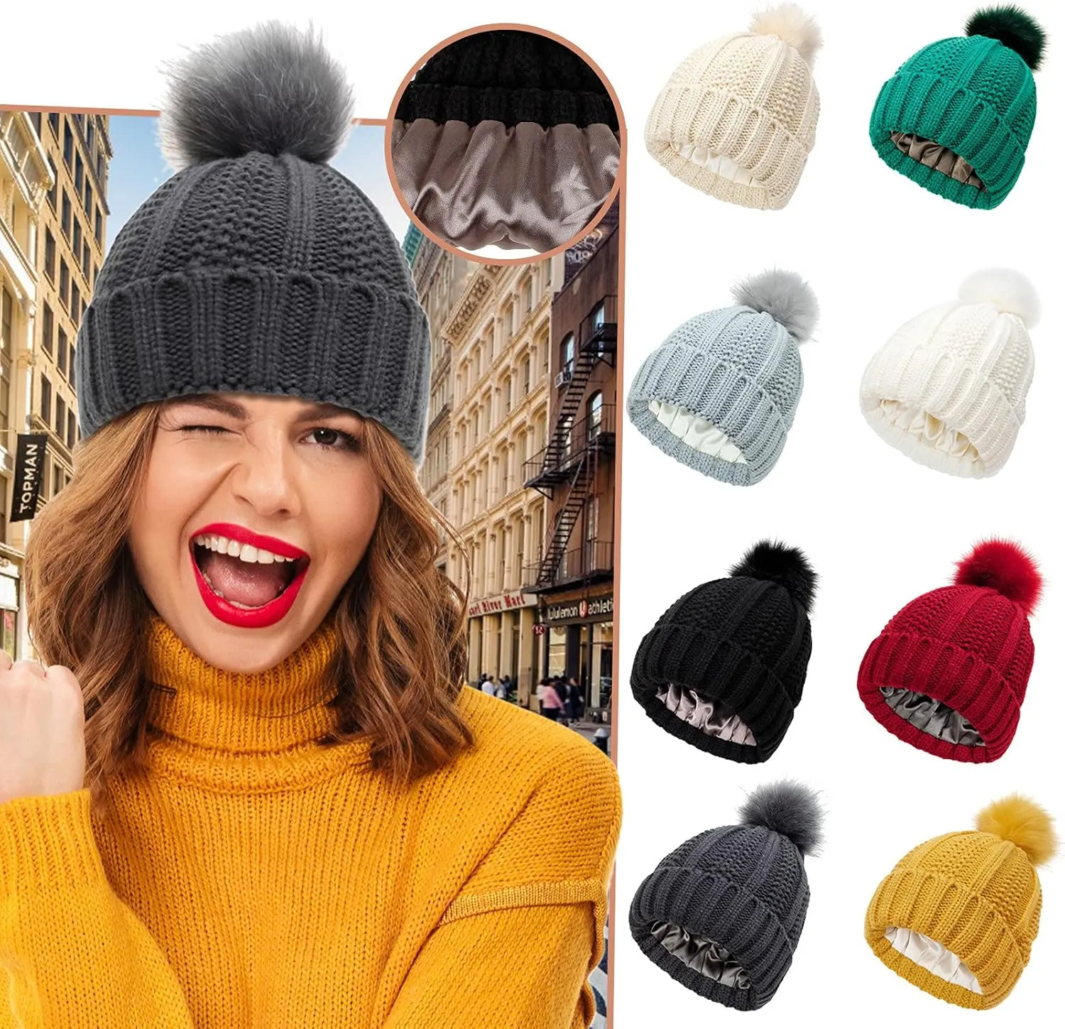 Beanie for Women Men Soft Beanie Hat with Faux Fur Pom Winter Knit Beanies Hats Thick Knitted Ski Cap Warm Hat