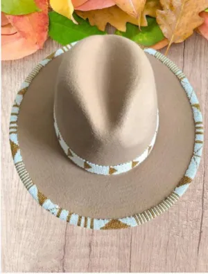 Beige fedora hat|cowboy hat|brim hat|summer hats|beaded hats with white and gold beads with free shipping world wide