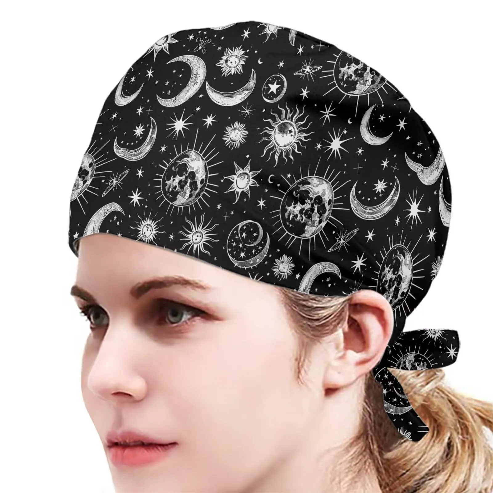 Biyejit Sun and Moon Bouffant Hats for Women Men Adjustable Turban Cap Head Scarf Beanie Working Cap with Sweatband for Nursing