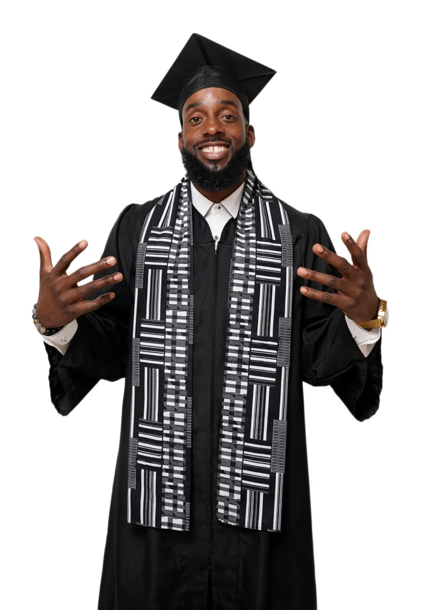 Black and white Kente African Print Graduation Stole/Sash DPB0795S1