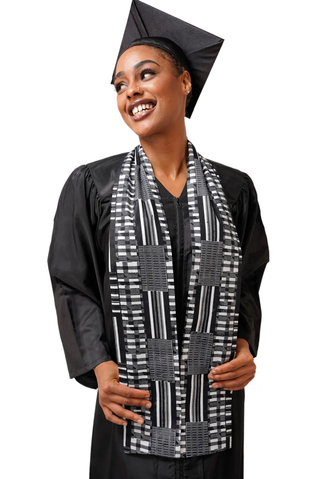 Black and white Kente African Print Graduation Stole/Sash DPB0795S1