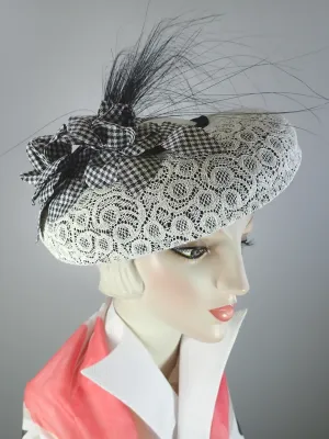 Black and white vintage lace fascinator tilt hat. Chic Church hat. Elegant Kentucky Derby lace fascinator hat.