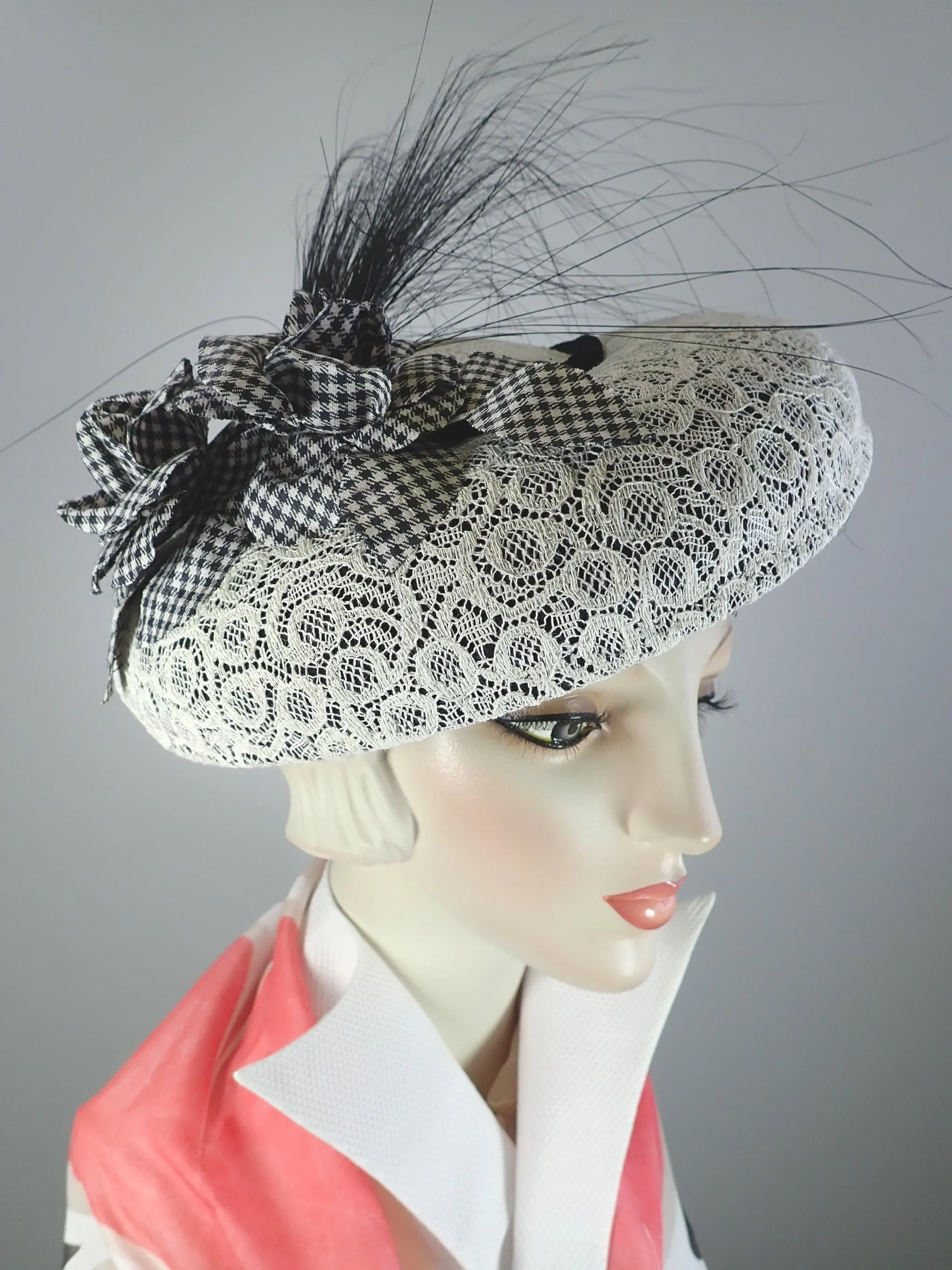 Black and white vintage lace fascinator tilt hat. Chic Church hat. Elegant Kentucky Derby lace fascinator hat.