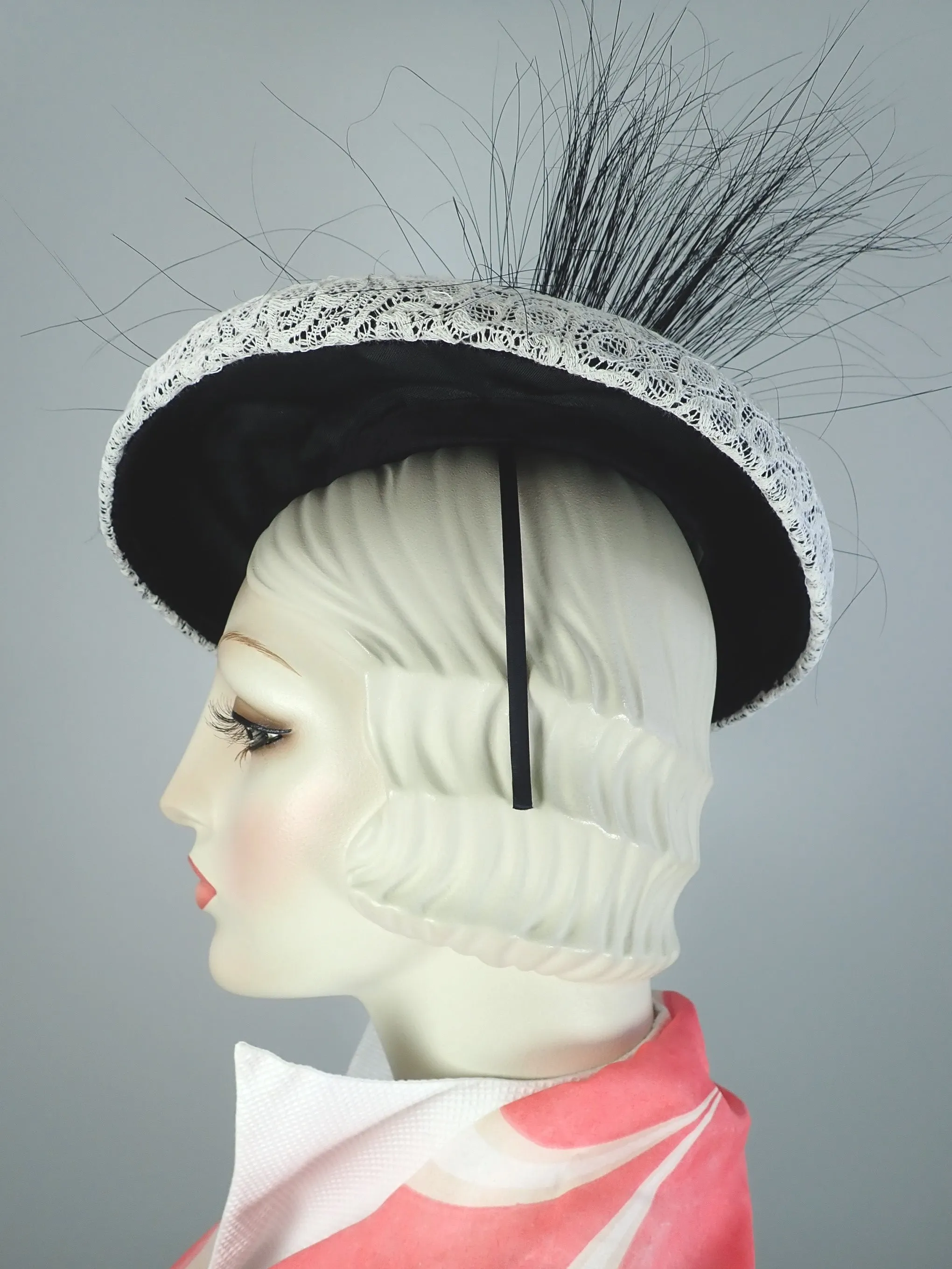 Black and white vintage lace fascinator tilt hat. Chic Church hat. Elegant Kentucky Derby lace fascinator hat.