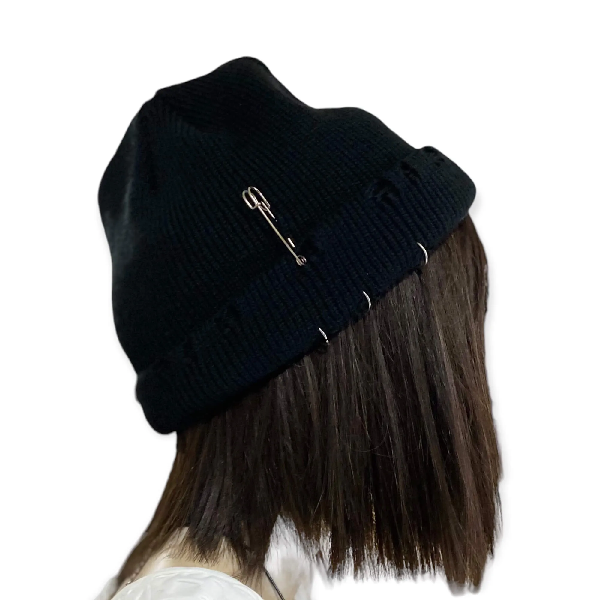 Black Distressed O-Ring Pin Beanies