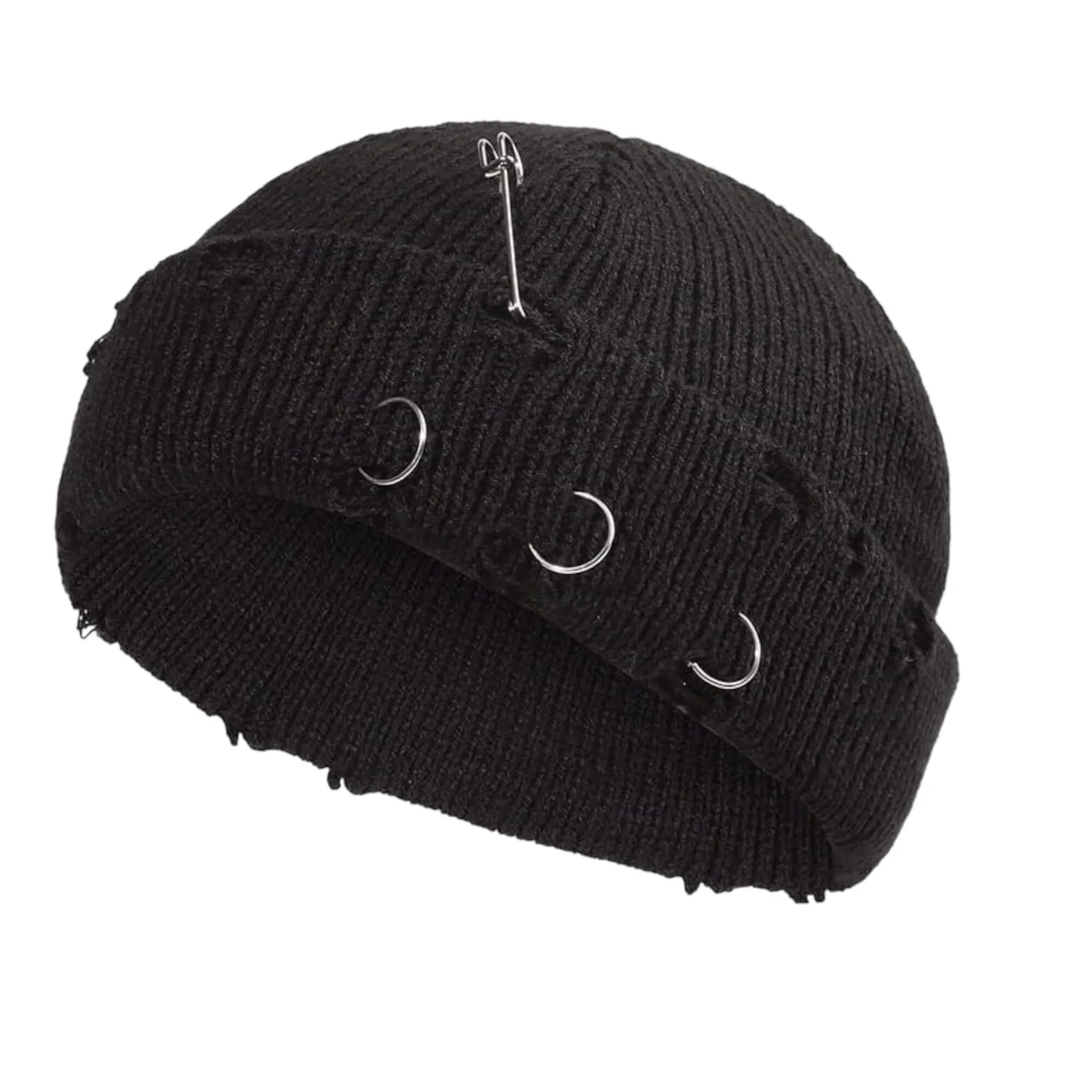 Black Distressed O-Ring Pin Beanies