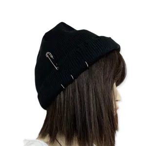 Black Distressed O-Ring Pin Beanies