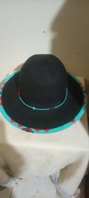 Black fedora hat|cowboy hat|summer hats|beaded hats|brim hat|casual hat with green and brown bead work with free shipping world wide