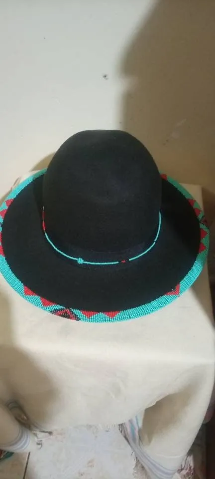 Black fedora hat|cowboy hat|summer hats|beaded hats|brim hat|casual hat with green and brown bead work with free shipping world wide