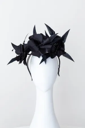 Black Flower and Feather Headband