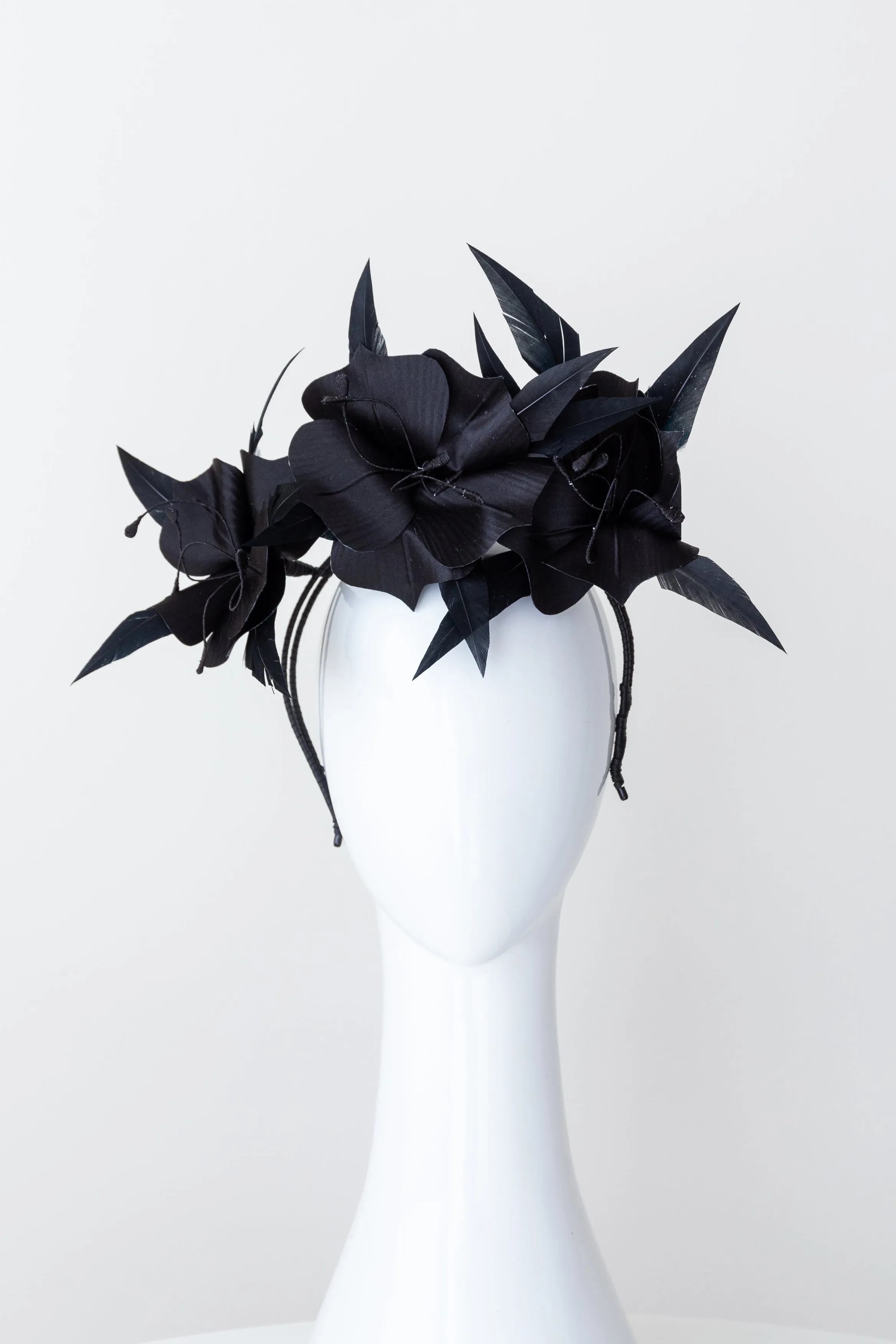 Black Flower and Feather Headband